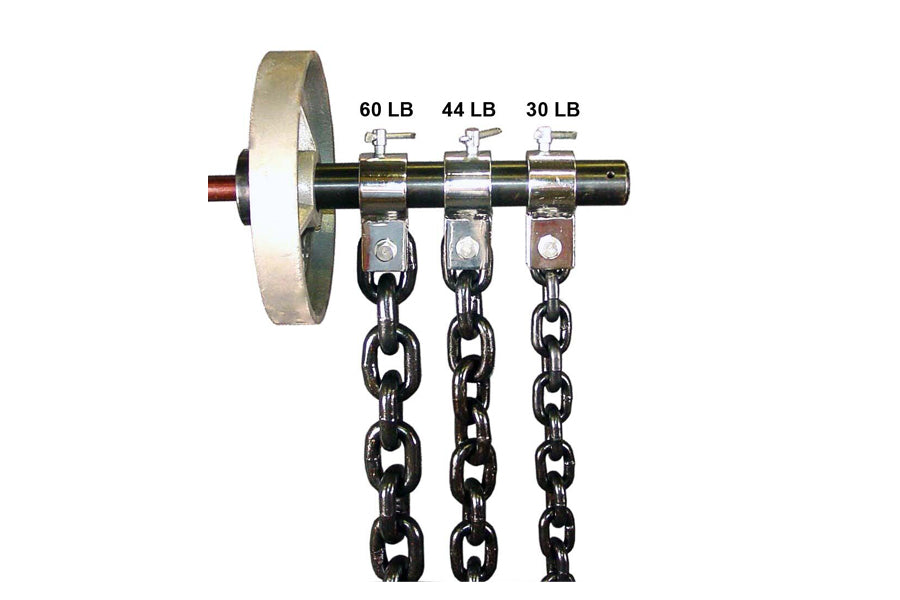 Warrior Weightlifting Chains set with metal plate collar and three black steel chains labeled 60 LB, 44 LB, and 30 LB
