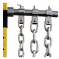 Steel weightlifting chains with metal links hanging from stainless steel bar and yellow support beam, flat lay view
