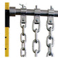 Warrior Weightlifting Chain pair with chrome steel links hanging from metal bar with yellow support post, flat lay