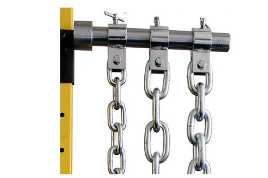 Warrior Weightlifting Chain pair with chrome steel links hanging from metal bar with yellow support post, flat lay