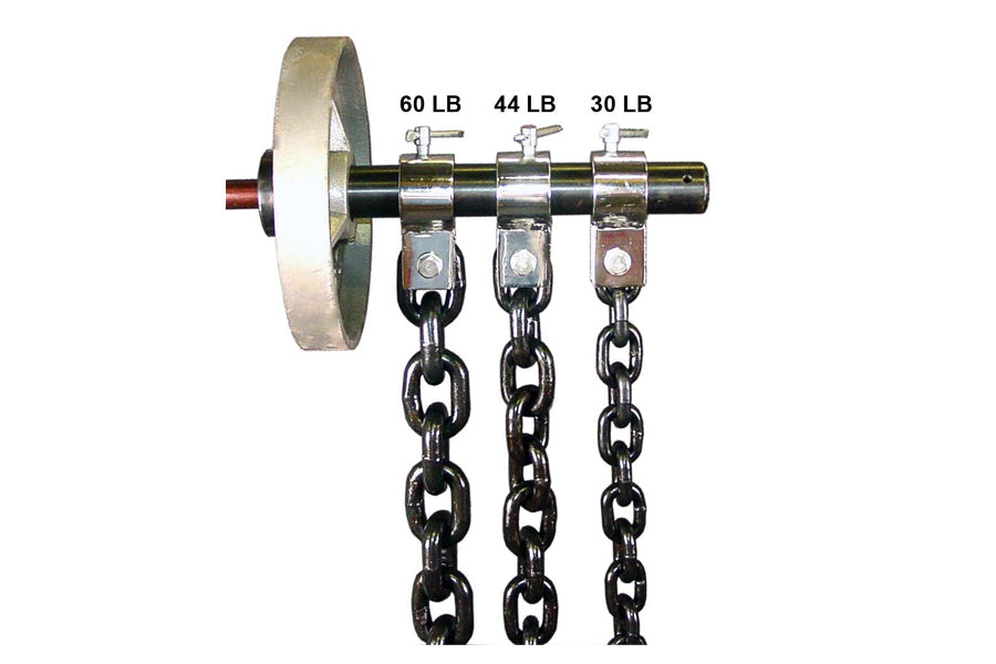Warrior Weightlifting Chain set with white wheel pulley, black steel chains in 30lb, 44lb, and 60lb weights, flat lay on whit