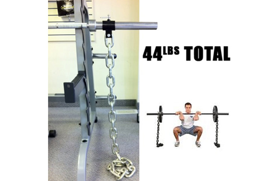 Warrior Weightlifting Chain pair with 44lbs total weight, silver metal chains with connector hooks on gym equipment bar
