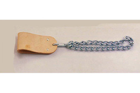 Tan leather dip belt with metal chain attachment and clasp, displayed flat on neutral background