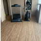 Warrior Wood Grain Interlocking Gym Flooring Tiles in light tan wood pattern installed in fitness room with treadmill and exe