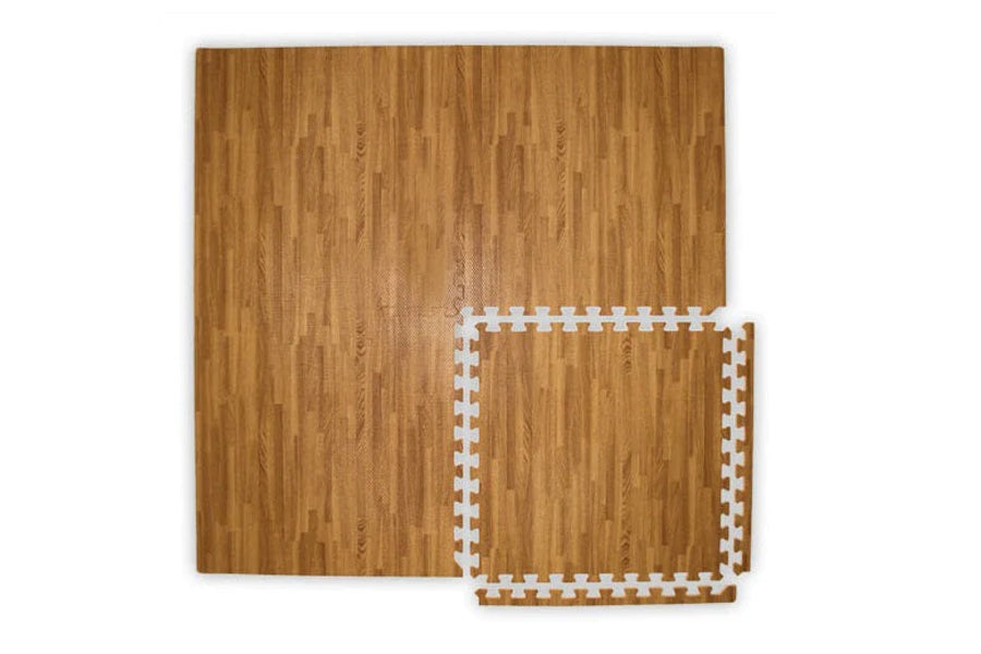 Wood grain interlocking foam floor tiles with white puzzle-piece edges in tan and brown tones, shown in flat lay arrangement