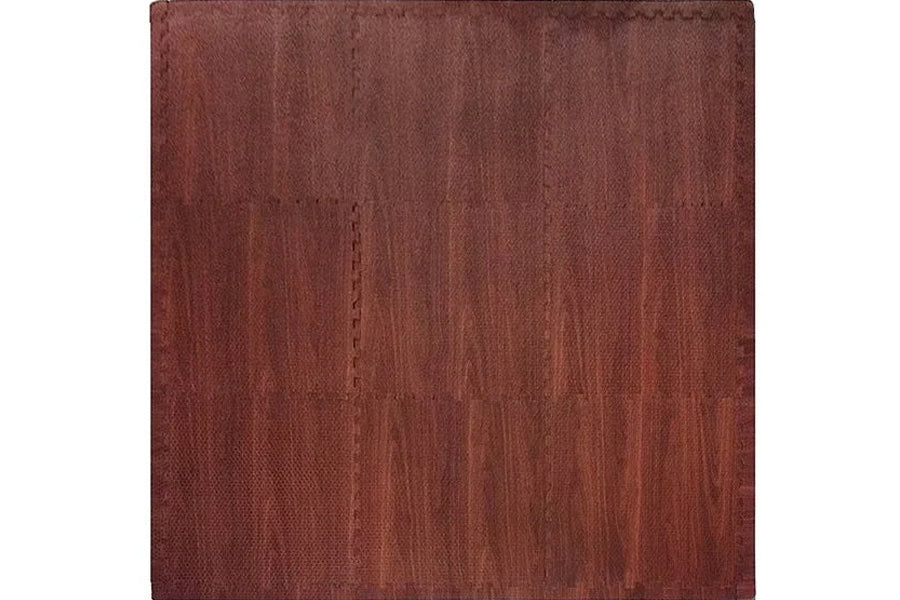 Burgundy wood grain interlocking gym floor tile with textured surface on white background