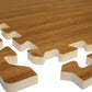 Interlocking foam gym floor tiles with wood grain pattern, tan and brown color, puzzle-style edges on white background