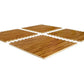 Four interlocking wood grain gym floor tiles in golden brown arranged in a cross pattern on white background