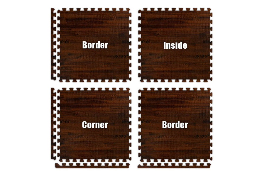 Four dark brown wood grain interlocking foam tiles with white borders displayed in grid layout showing border, inside, corner