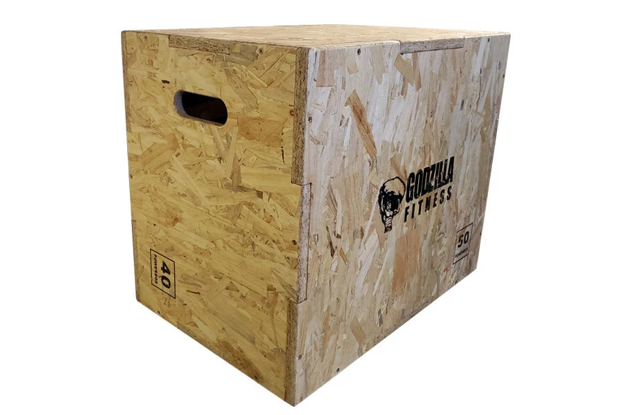 Gorilla Fitness wooden plyo box with natural wood construction, rope handles, and black branding logo on side