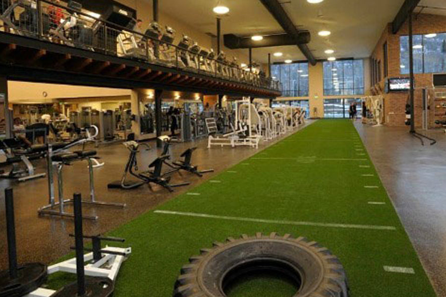Warrior Workout Turf green artificial turf with white yard line markings and embedded tire, displayed in fitness facility