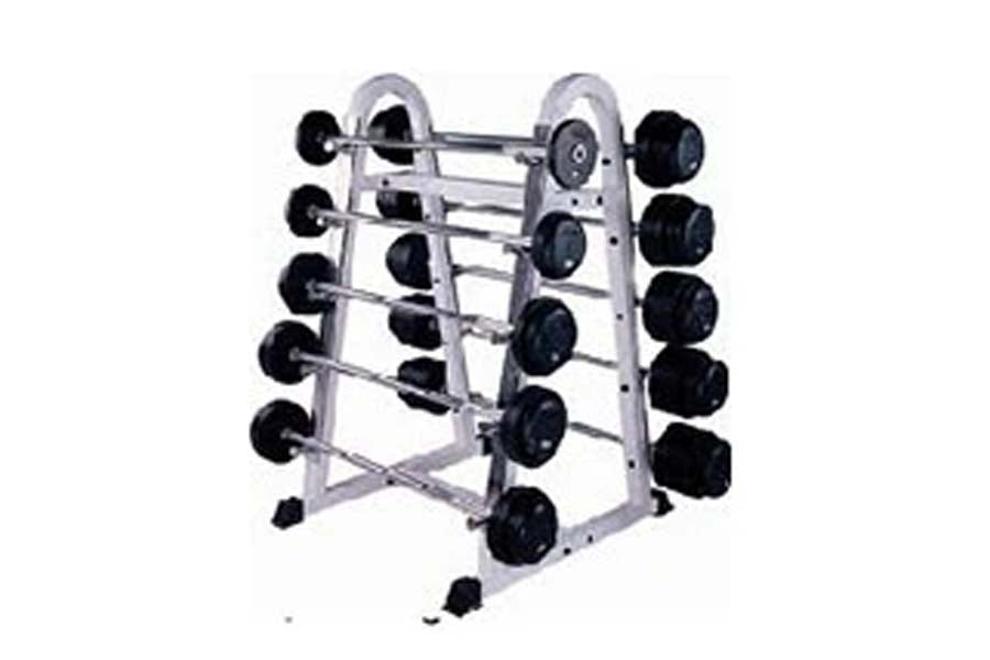 Warrior weight bar and barbell rack with silver frame and black rubber-coated dumbbells arranged on horizontal bars, shown on