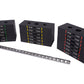 Black rubber dumbbell weight stack set with color-coded labels, metal bar, and stacked weights ranging from 20lb to 80lb on w