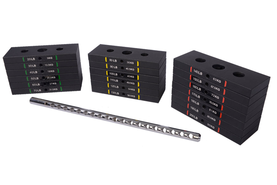 Black rubber dumbbell weight stack set with color-coded labels, metal bar, and stacked weights ranging from 20lb to 80lb on w