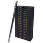 Black weight stack set with 20lb to 200lb plates color-coded by weight, includes silver barbell bar on white background