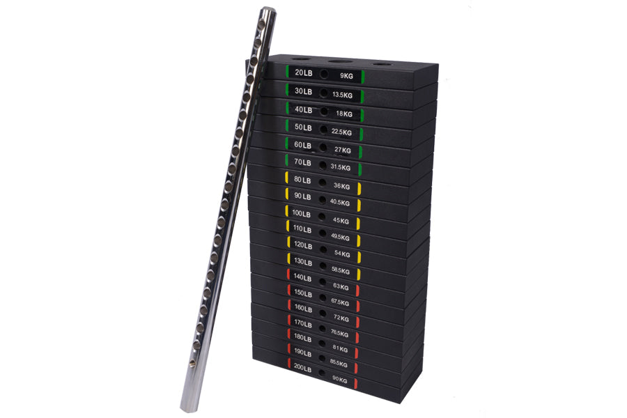Black weight stack set with 20lb to 200lb plates color-coded by weight, includes silver barbell bar on white background
