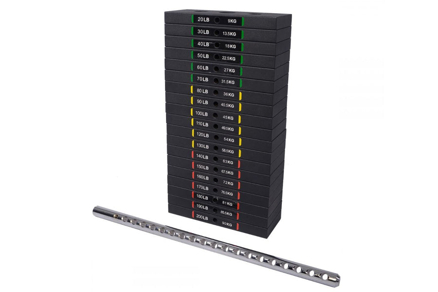 Stacked black rubber weight plates with color-coded bands ranging 20-200 lbs displayed with metal barbell on white background