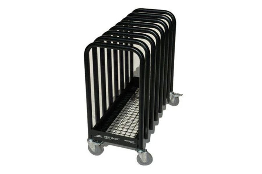 Black metal weight vest rack with vertical slat design and wheels, shown from angle on white background