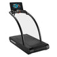 Black Woodway 4Front treadmill with curved running deck, black handlebar frame, and touchscreen display console showing worko