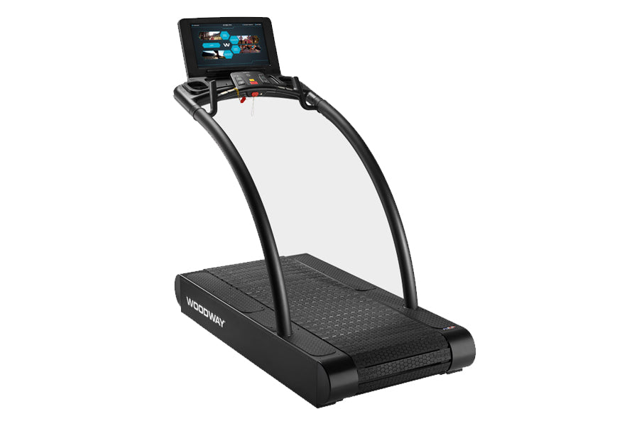 Black Woodway 4Front treadmill with curved running deck, black handlebar frame, and touchscreen display console showing worko