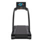 Black treadmill with textured running deck, curved handles, and digital display console mounted on top showing fitness interf