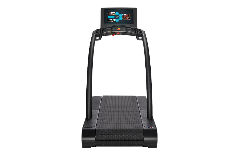 Black treadmill with textured running deck, curved handles, and digital display console mounted on top showing fitness interf