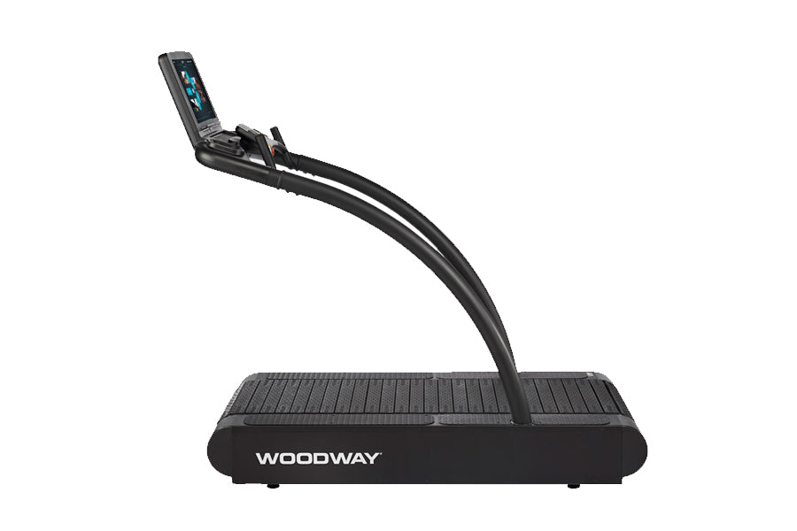Woodway 4Front treadmill with curved black belt, arched frame, and digital display console on white background