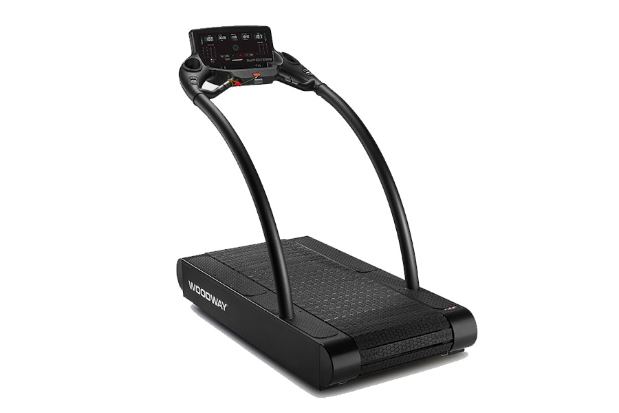 Black Woodway 4Front treadmill with curved running belt, dual handrails, and digital display console on white background