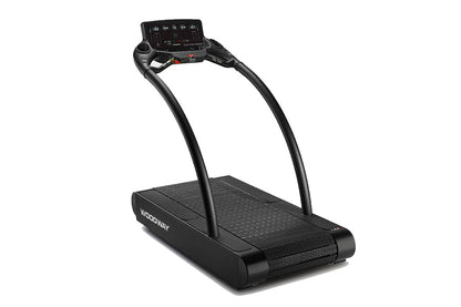 Black Woodway 4Front treadmill with curved running belt, dual handrails, and digital display console on white background