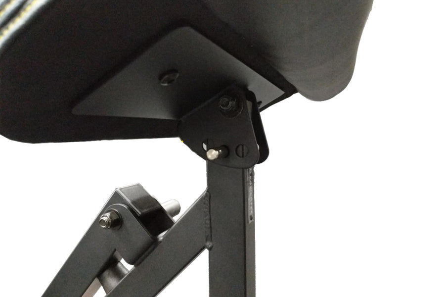 Black metal curved attachment with adjustable arm and mounting bracket on white background