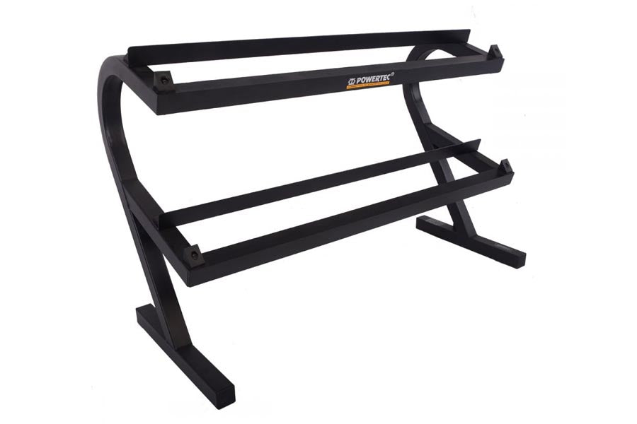 Black Powertec dumbbell rack with two tiers and sturdy stand on white background
