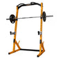 Yellow and black power squat rack with loaded barbell, adjustable safety bars, and weight plate pegs on white background