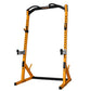 Yellow and black Powertec half rack with adjustable safety bars and j-hooks on white background