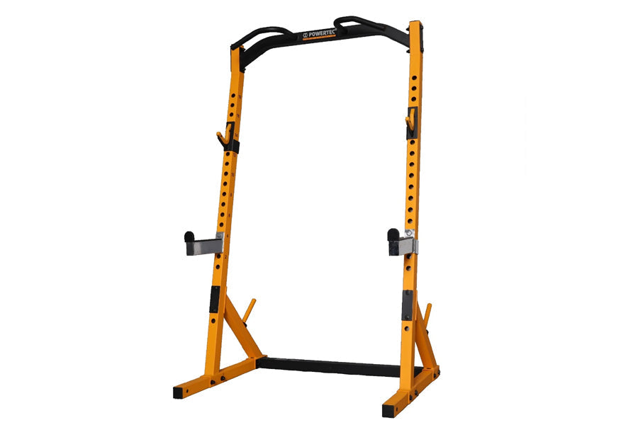Yellow and black Powertec half rack with adjustable safety bars and j-hooks on white background