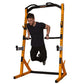 Man performing pull-up on yellow and black half rack with adjustable handles, shown on white background