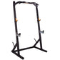 Black steel half rack with orange safety handles and adjustable spotter arms on white background