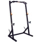 Black power rack with angled uprights, orange safety handles, and adjustable bar catches on white background
