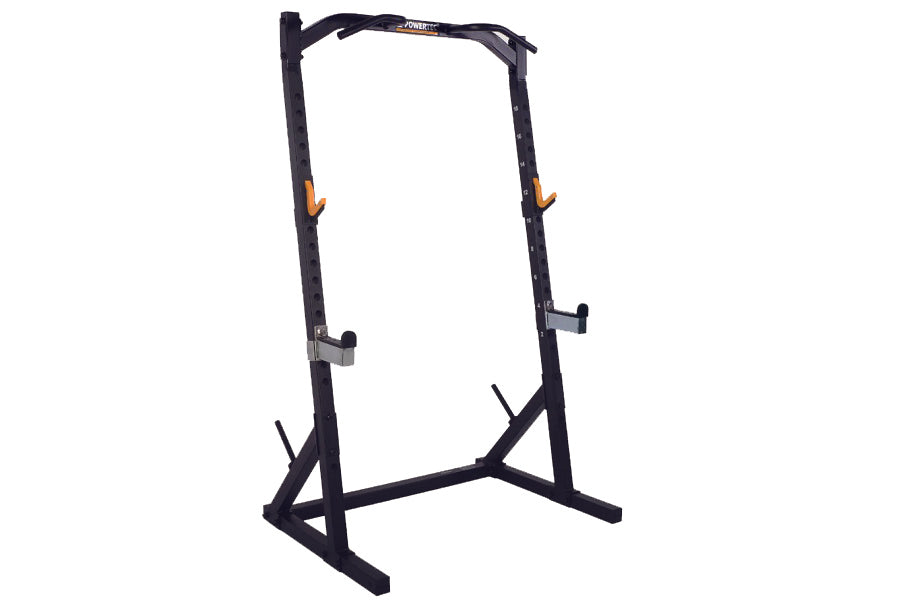 Black power rack with angled uprights, orange safety handles, and adjustable bar catches on white background
