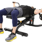 Person using black and yellow Powertec weight bench with pec fly attachment, wearing navy blue capris and gray sneakers, demo