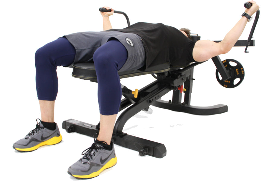 Person using black and yellow Powertec weight bench with pec fly attachment, wearing navy blue capris and gray sneakers, demo