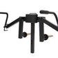 Black Powertec pec deck fly machine attachment with dual handles, weight pin slots, and central post on white background
