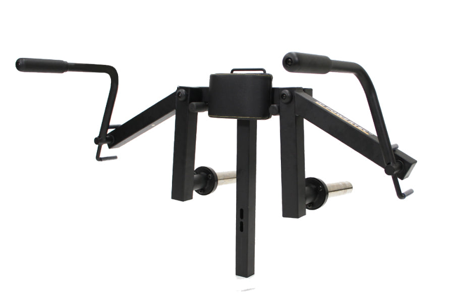 Black Powertec pec deck fly machine attachment with dual handles, weight pin slots, and central post on white background