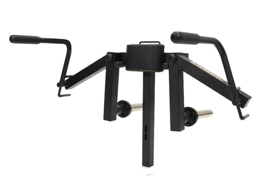 Black Powertec pec deck fly machine attachment with dual handles, weight pin slots, and central post on white background