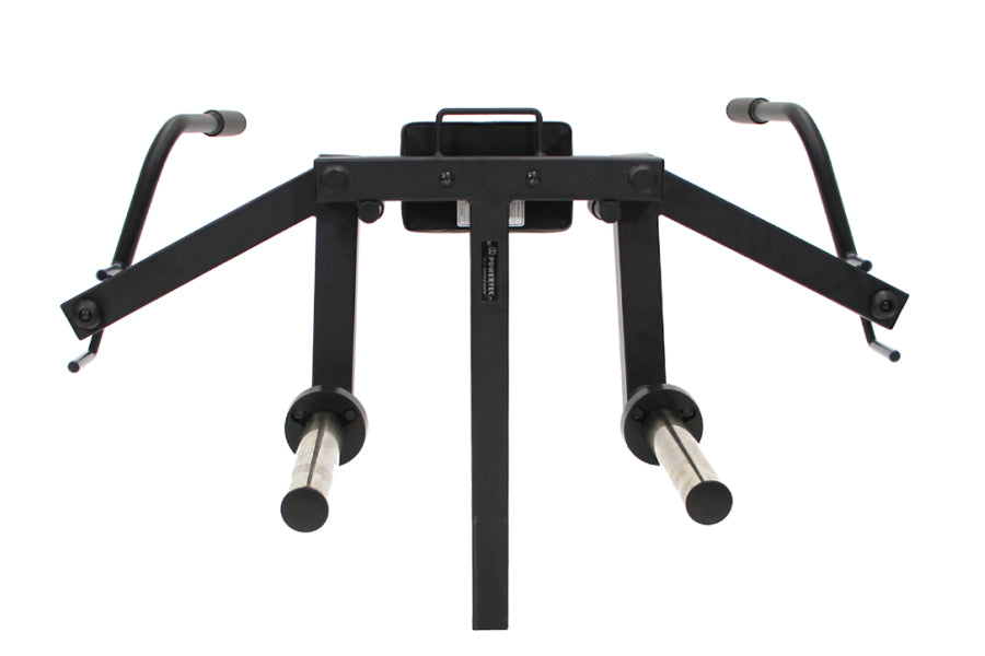Black metal pec fly attachment with dual handles and silver bars, mounted on white background