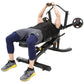 Person using black Powertec weight bench with pec fly attachment, wearing navy capris and gray-yellow sneakers, performing ch
