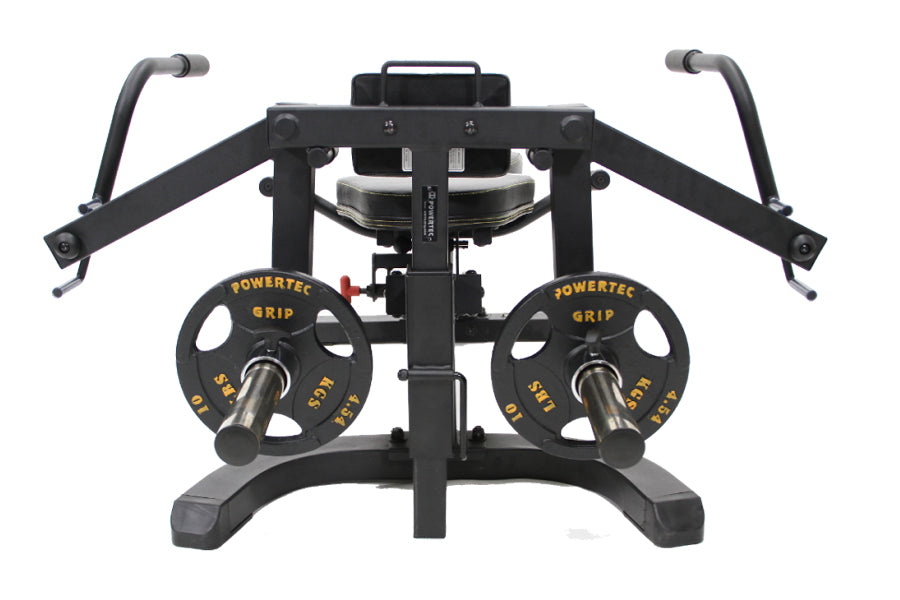Powertec WorkBench black pec fly attachment with dual weight plates, handles, and central column on white background