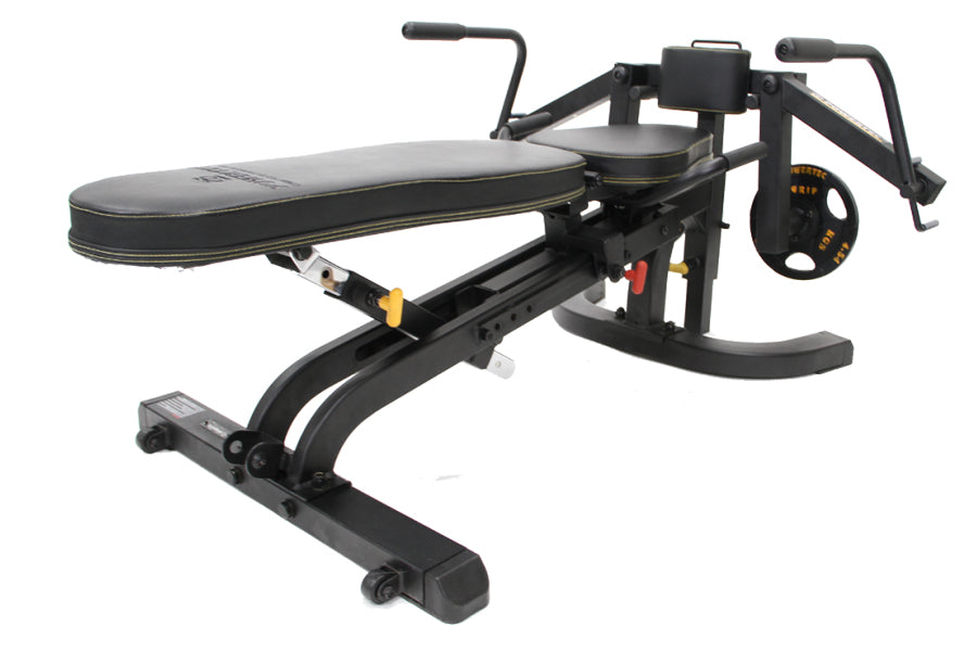 Black Powertec WorkBench pec and fly attachment machine with padded seat, dual handles, weighted plate, and foot platform on 