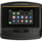 Matrix TF30 black folding treadmill with digital touchscreen display showing entertainment apps and gold accent stripe
