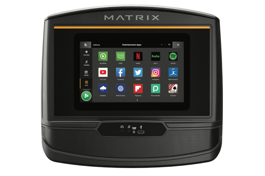 Matrix TF30 black folding treadmill with digital touchscreen display showing entertainment apps and gold accent stripe