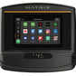 Matrix R50 recumbent exercise bike with black frame and touchscreen display showing entertainment apps, front view